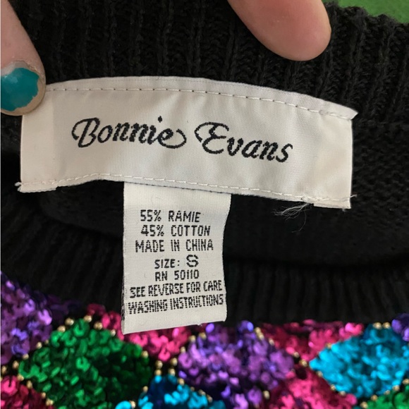 Vintage 80's Bonnie Evans Black Knit Sweater with Rainbow Sequins Sz: Small - Picture 5 of 5